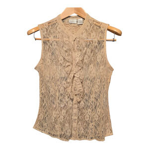 Vintage Spiegel Lace Ruffle Top Womens Size 12 Beige Button Up Sheer Victorian
